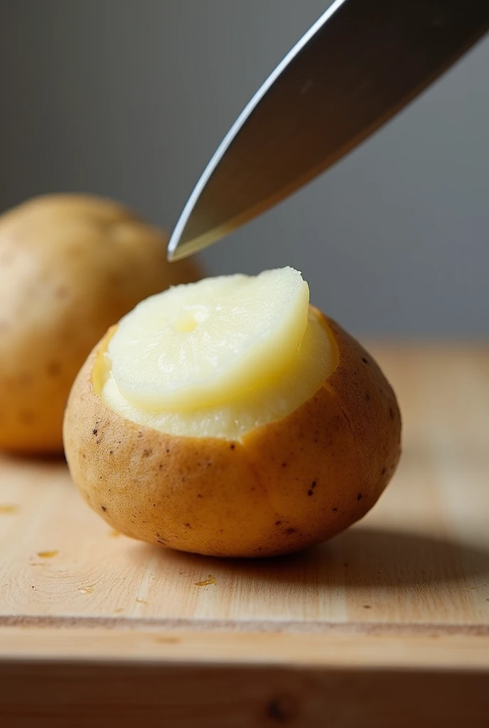 a potato being cut 
