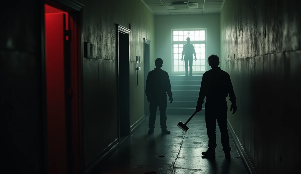 "Create a dark, eerie school hallway with dim, flickering lights. In the foreground, show three shadowy figures: one banging on a classroom door, another looming outside a window with a faint outline, and the third standing at the top of a staircase, holding a crowbar. The atmosphere should be tense, with the school appearing old and abandoned. Add subtle hints of red and white in the shadows and highlights to create a mysterious and unsettling vibe. Blurry and in red and white."

