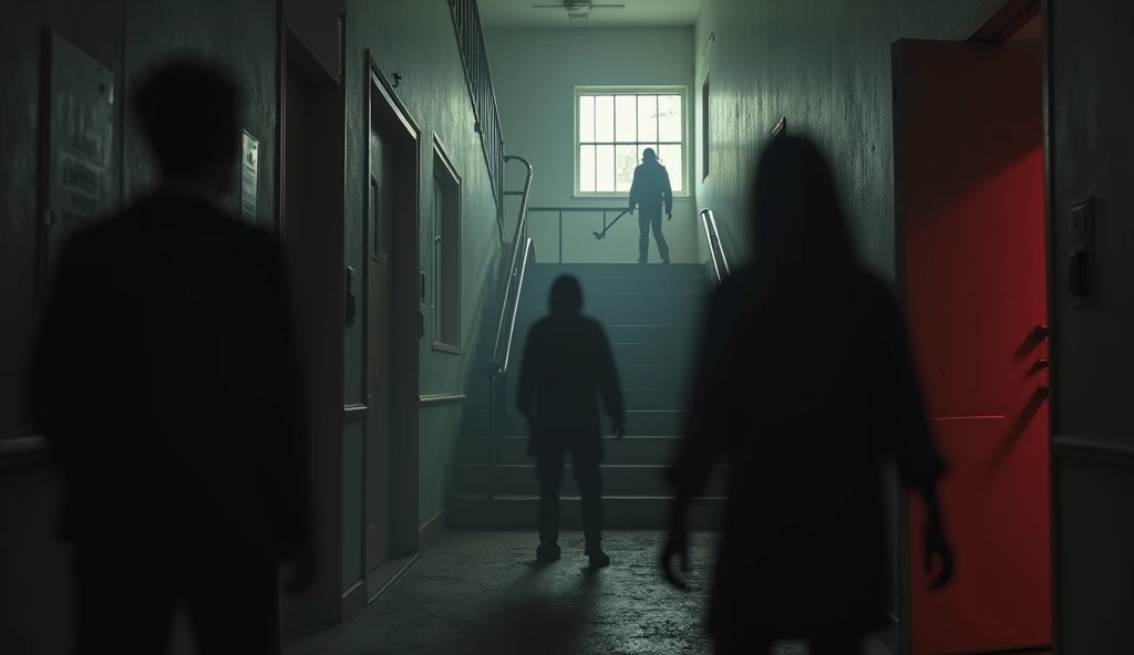 "Create a dark, eerie school hallway with dim, flickering lights. In the foreground, show three shadowy figures: one banging on a classroom door, another looming outside a window with a faint outline, and the third standing at the top of a staircase, holding a crowbar. The atmosphere should be tense, with the school appearing old and abandoned. Add subtle hints of red and white in the shadows and highlights to create a mysterious and unsettling vibe. Blurry and in red and white."

