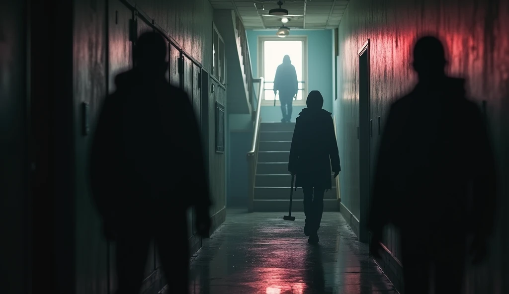 "Create a dark, eerie school hallway with dim, flickering lights. In the foreground, show three shadowy figures: one banging on a classroom door, another looming outside a window with a faint outline, and the third standing at the top of a staircase, holding a crowbar. The atmosphere should be tense, with the school appearing old and abandoned. Add subtle hints of red and white in the shadows and highlights to create a mysterious and unsettling vibe. Blurry and in red and white."

