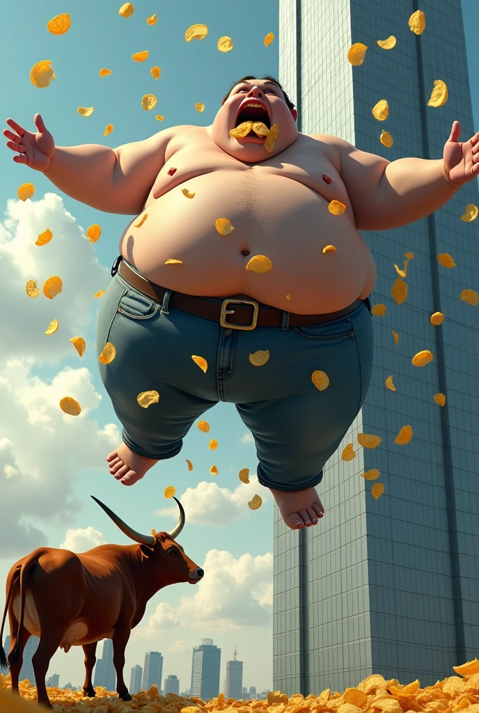 Create an image of a super mega fat guy falling from a building while eating potatoes with a cow with the name of "Edward"
