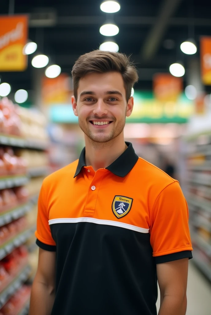 a young man wearing an orange, black and white polo shirt in a supermarket uniform with a blurred background