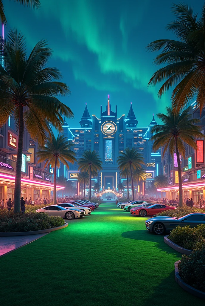 Place with bright grass at night where everyone is a millionaire with neon things