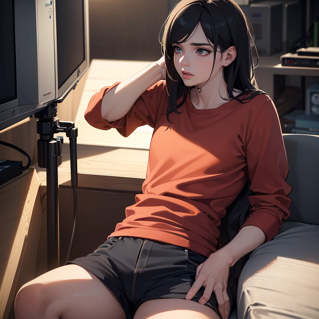 a feminine man sitting in front of a computer, wearing a shirt and shorts, detailed face and expression, cinematic lighting, digital art, photorealistic, highly detailed, 8k, (best quality,4k,8k,highres,masterpiece:1.2),ultra-detailed,(realistic,photorealistic,photo-realistic:1.37),dramatic lighting,moody atmosphere,warm color tones