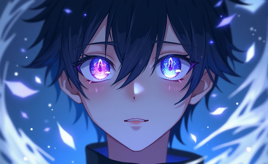 shows a close-up of a male face, probably from an anime or fantasy character. The eyes are the most prominent element, Full of intricate details and vibrant colors, like deep blues, purples and bright shapes reminiscent of stars. The color palette of the image is dominated by shades of blue and white., which gives it a cosmic and ethereal feel. The artwork has a dreamlike quality, with abstract elements surrounding the face and increasing the mystical atmosphere.hting, plants in backgroun