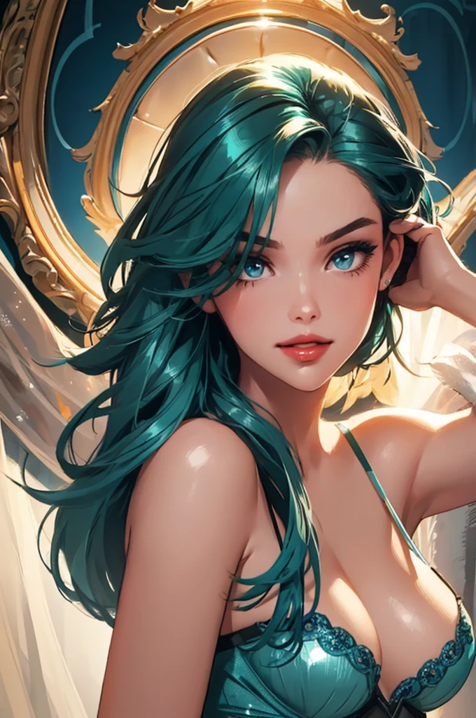 1girl,a beautiful fashion model ,(masterpiece, detailed background, best quality),short and shiny hair, blue green hair, hair with highlights,smirk,juicy lips,red lips, calmart, lingerie, stripping, elegant makeup, blue eyes, full body shot, (shiny skin)