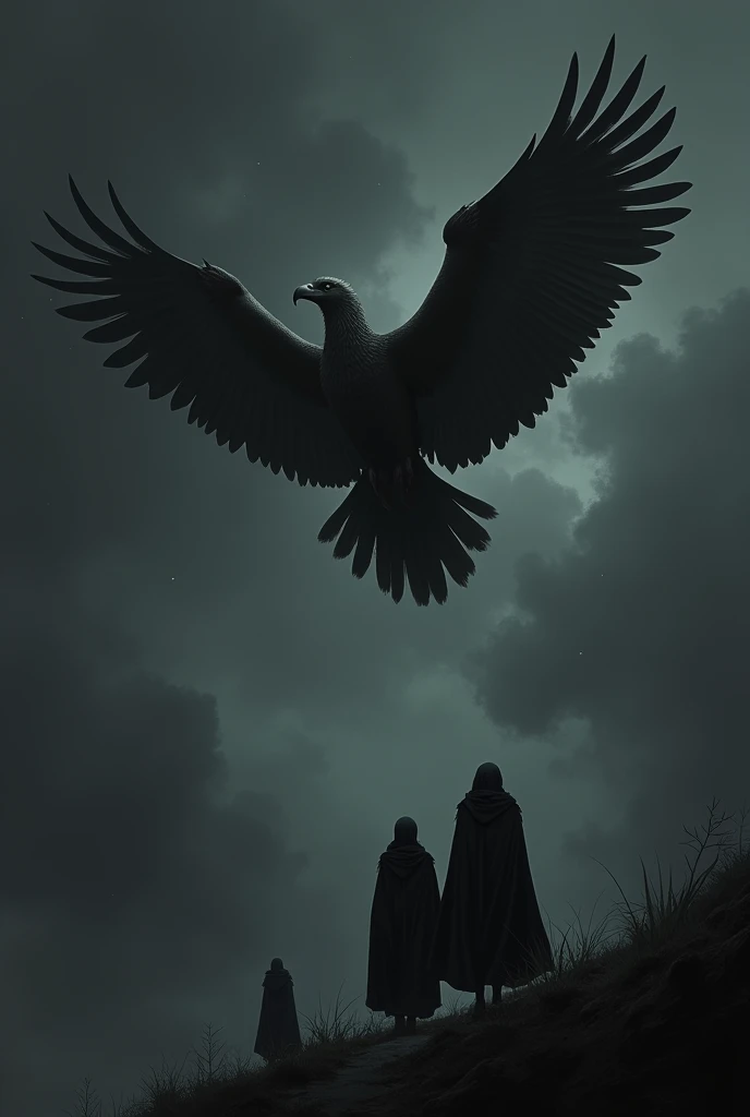 Create a vulture flying quite high in the dark sky stretching its wings but only showing black and people dressed in black