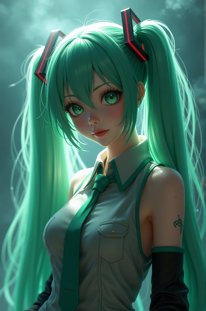 ((masterpiece, Side Light, finely detailed beautiful eyes: 1.2)), Extremely detailed, Ultra-high resolution, Professional lighting, High-quality cosmetics, beautiful detailed eyes, Sexy, beautiful, big eyes, Droopy eyes, (girl), (Small Breasts:1.2), Blush, Blush身体, Wet eyes, Hatsune Miku, Green Hair, Absurdly long hair, curls, Ahog, Double tail, (Grey sleeveless shirt, Green tie, Black mini skirt:1.1), very cute, (extremely detailed beautiful face), Real skin texture, beautiful hair, beautiful face, beautiful eyes, beautiful body, beautiful hands, Smile, permanent, (Sexual arousal:1.2), nipple, open mouth, steam,concert,Dance