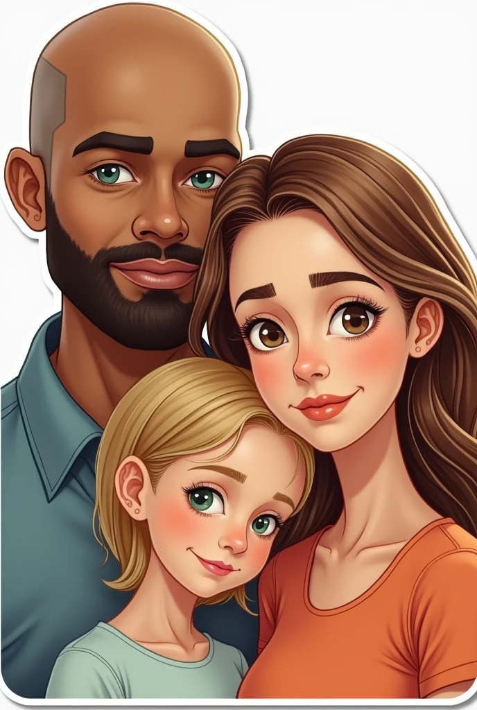 A family, A white man, Cao Cao, almost bald, brown, barba, greeneyes, next to a white woman de greeneyes com o cabelo brown-acobreado, straight and without bangs parted in the middle, next to a white woman, greeneyes, curly and blonde hair, illustration style, sticker