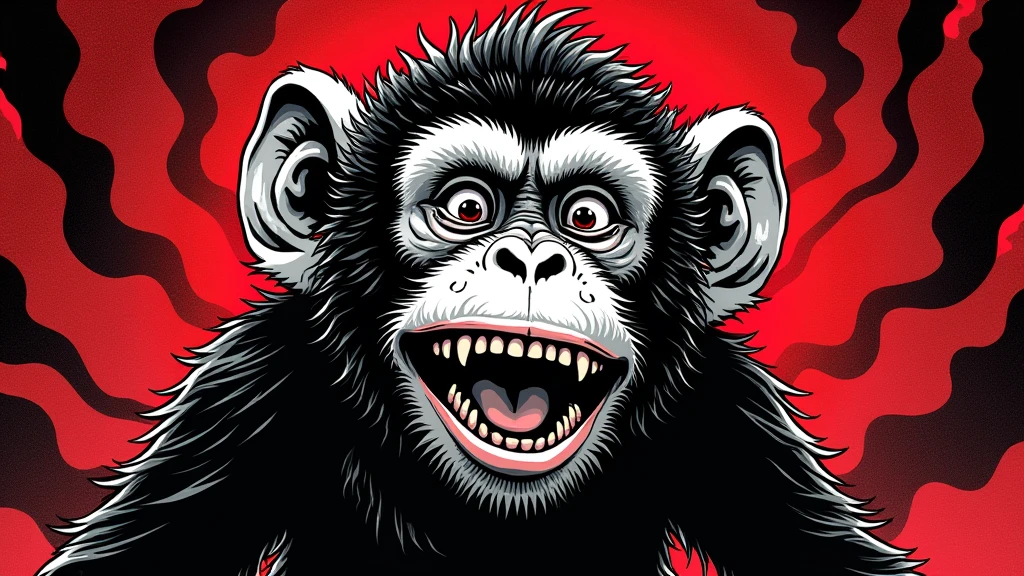 monkey in manga style, with psychedelic background image colored only in black and red