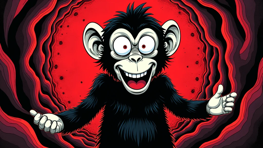 monkey in manga style, with psychedelic background image colored only in black and red