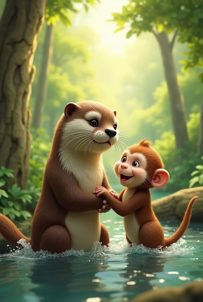 An otter friends with a monkey