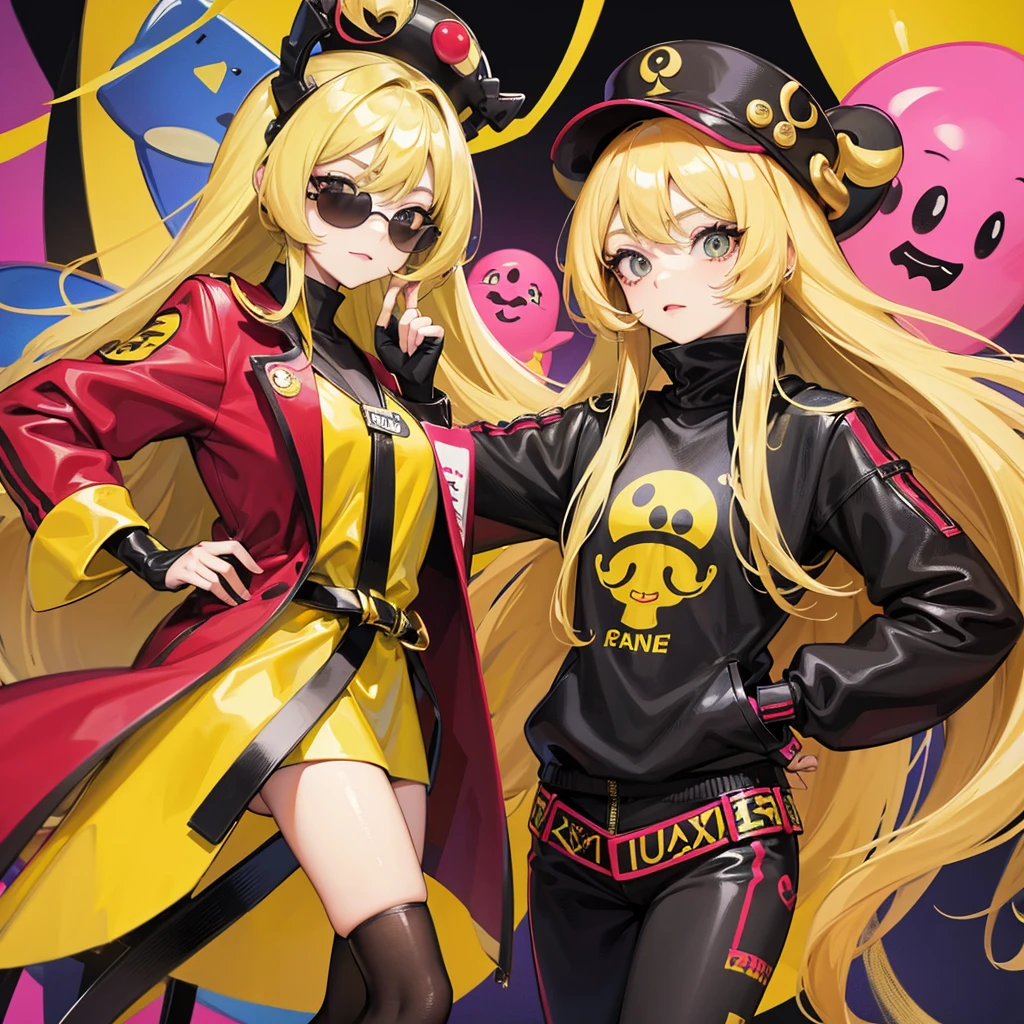 A unique fusion of anime characters, featuring Cynthia and Mr. Peanut. Cynthia is shown with blonde hair, a stylish outfit, and her signature sunglasses. She is fused with Mr. Peanut, who has an anime-style design, wearing a peanut-shaped hat and having a humanoid body. The overall artwork has a vibrant color palette, and the fusion character exudes confidence and charisma.,