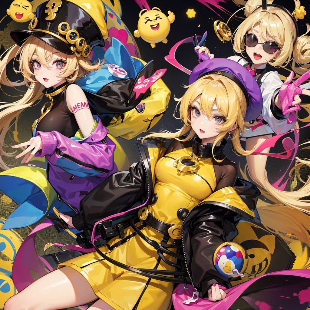 A unique fusion of anime characters, featuring Cynthia and Mr. Peanut. Cynthia is shown with blonde hair, a stylish outfit, and her signature sunglasses. She is fused with Mr. Peanut, who has an anime-style design, wearing a peanut-shaped hat and having a humanoid body. The overall artwork has a vibrant color palette, and the fusion character exudes confidence and charisma.,