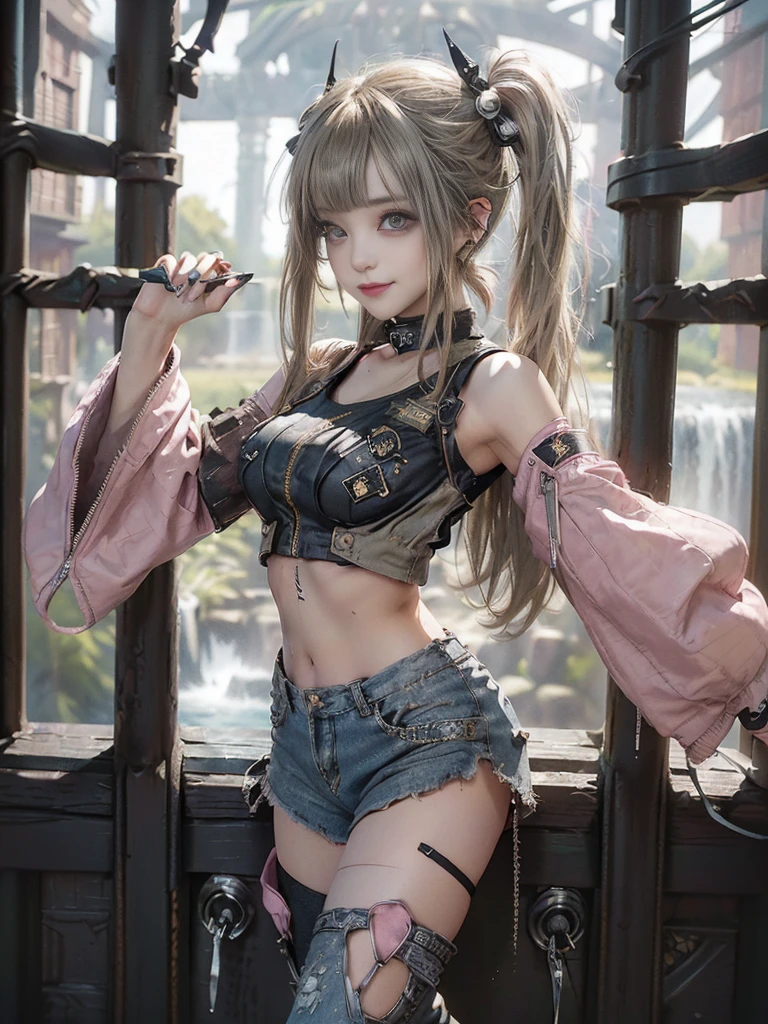 (Full Body View:1.4)、(Side view:1.3)、(Smiling with teeth showing:1.3),(Shibuya Gal:1.5)、(Beautiful:1.5)、(Punk RockVisual Kei:1.4)、(Yellow denim with khaki and brown medieval tattered zip up:1.5)、(Pink arm covers and tattered bugle pants:1.5)、(Denim colored high heels:1.3)、(Wearing silver accessories:1.5)、(Pink collar:1.4)、(Leather garter belt:1.4)、(Pink skin belt:1.3)、(Olive-colored lace underwear:1.5)、30 years old、NSFW、((Highest quality、In 8K、masterpiece:1.3))、Sharp focus:1.2、(Layered Cut、Huge boobs:1.1),Beautiful woman with perfect figure:1.4、(Doing an aerobics pose:1.3)、Slender Abs:1.2、Highly detailed face and skin texture、Detailed eyes、double eyelid,(Twin tails:1.3)、(Brown-golden hair:1.3)、Gravure idol、(A fairytale palace with a beautiful vast waterfall in the background:1.3)、(Slim Body:1.3),(Make your legs thinner:1.4),(Thin, thin thighs:1.3)、(clavicle:1.1)