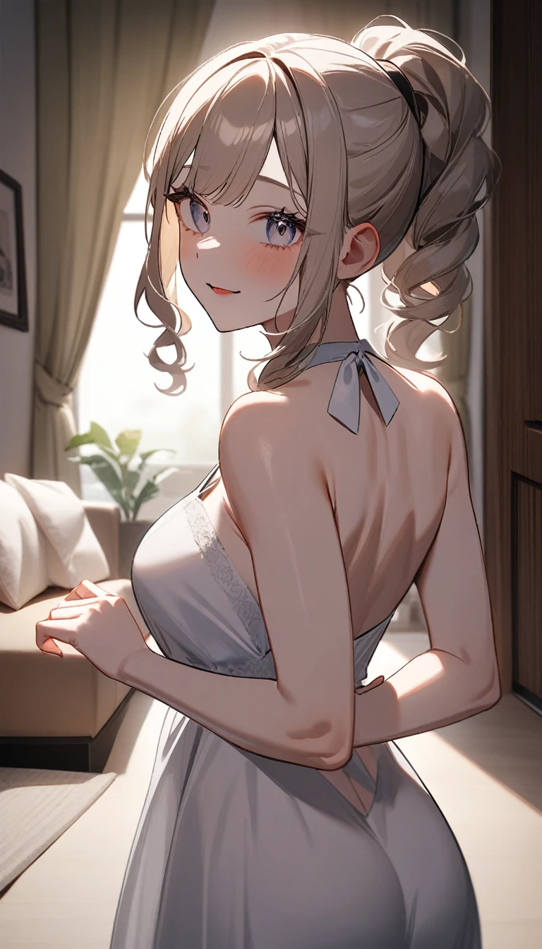 (from below:1.2),(from side:0.9), ((Face)), (Close-Up:0.4), (A masterpiece of image quality in 8K),(Beautiful Allafed Woman),(((emphasizing breasts:1.3))),(Dynamic angles),(Dynamic and sexy bending pose:1.3),(sit a chair:1.3),(Short hair in shiny silver and orange inner colors,large full breasts,Disturbance of clothing due to movement,breast slip,(Ponytail twisted buns adorned with elaborate braids and beads,Braided Setup Fishbone Hair:1.2),(see-through bangs),medium breasts,(((A brown lace apron that shows your bare skin from under your small breasts.......)))、Blush with embarrassment、Enraptured eyes、 open mouth,A smile that beguiles the viewer、(Look back:1.7)、Look into the photographer,skin glistening with sweat,gazing at viewer,,(Professional Lighting),(masutepiece,top-quality,Ultra-high resolution output image,),(Ultra HD with complex detail image modes),depth of fields,Beautiful hands,Beautiful fingers,Detailed finger features,(Detailed hair features:1.7),detailed facial features,detailed clothes features,
