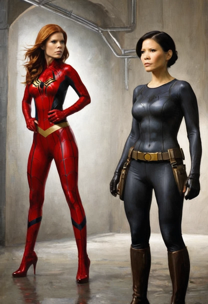Kate Mara in the role of Spider Woman (sexy small outfit), striking a heroic pose, she just swung in on webbing to face doctor octopus (lucy liu), manhattan