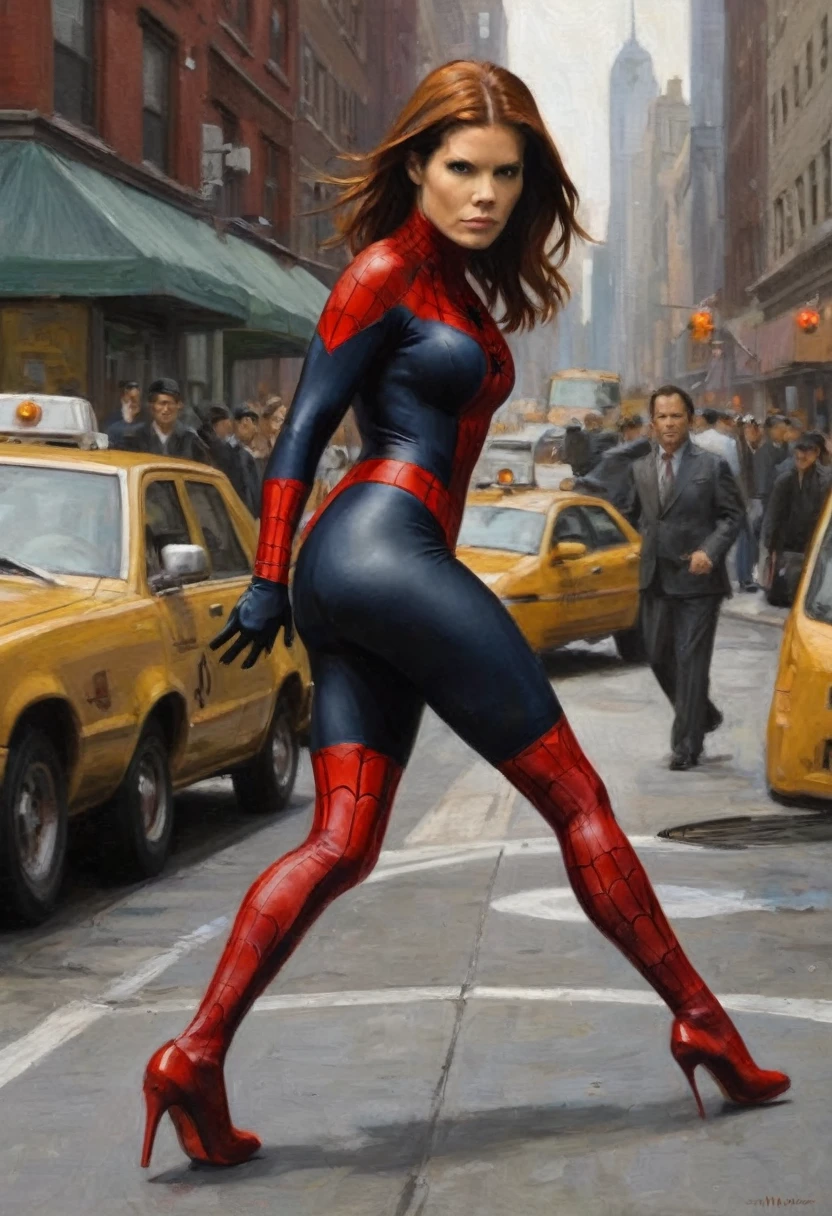 Kate Mara in the role of Spider Woman (sexy small outfit), striking a heroic pose, she just swung in on webbing to face doctor octopus (lucy liu), manhattan