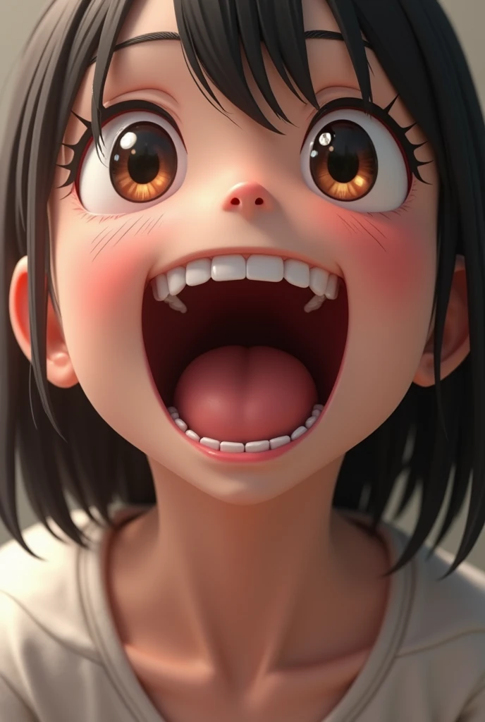 (photorealism:1.2), anime girl, looking up at pov, 3D, super close up of mouth, Opens mouth wide and shows throat, Smile with mouth wide open, tongue、