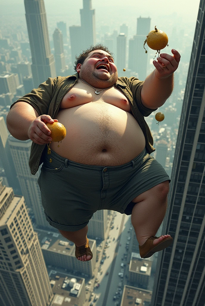 Create an image of a super mega fat guy falling off a building while eating potatoes with poop on it with the name of "Edward"