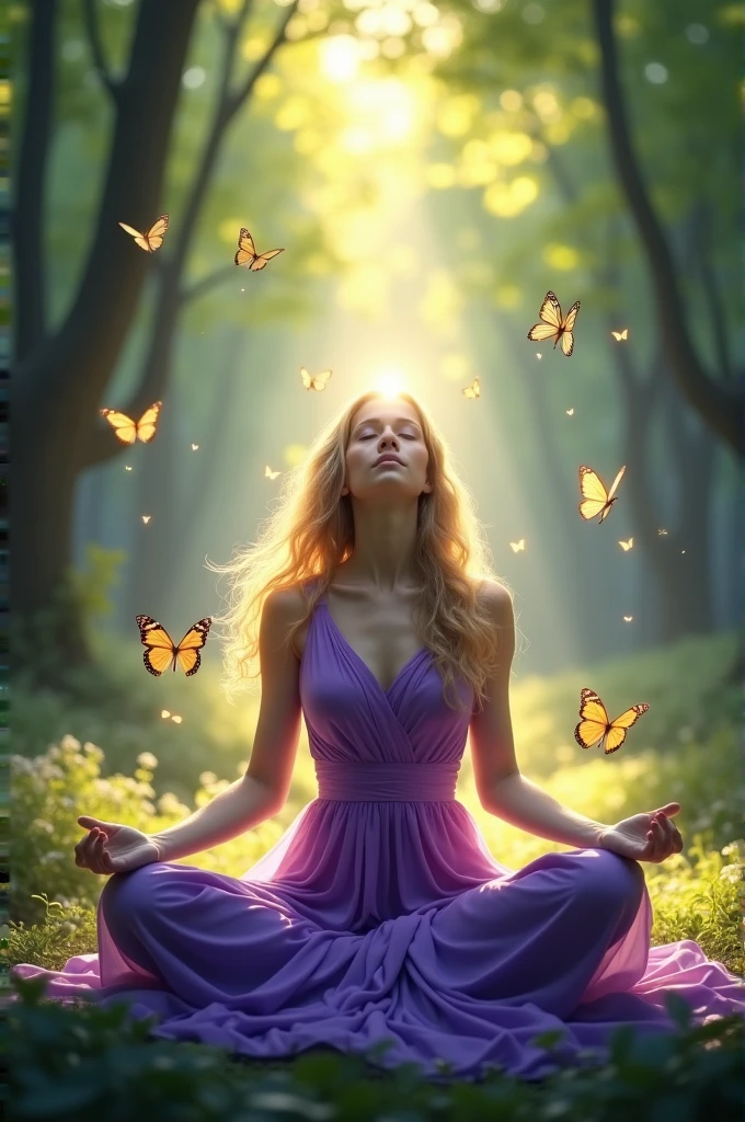 .Photo of a woman with long golden hair meditating sitting in the forest with her eyes closed and wearing a purple dress with a bright light halo around her body and some butterflies flying around her.
