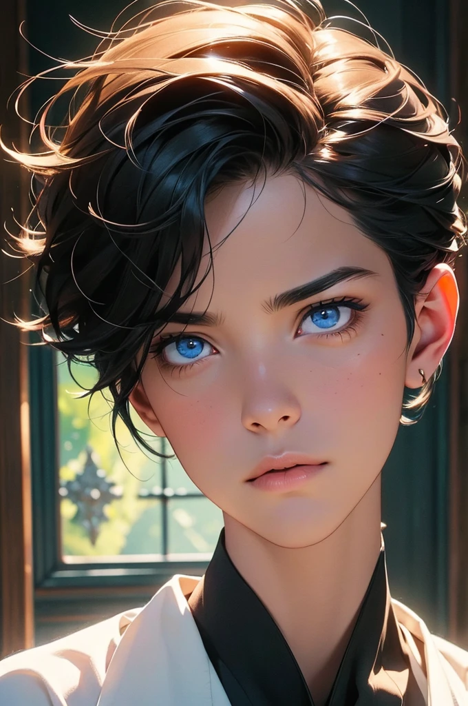 a man with short black hair, wearing a schoolboy outfit, has a wizard-like appearance with an animal tattoo, has blue eyes and a grumpy look, in a medieval-style classroom, at a magic school, beautiful eyes, delicate features, soft colors, serene atmosphere, high quality, detailed, photorealistic, photo-realistic:1. 37, 4k, ultra-detailed, extremely detailed, hyperrealistic, highly detailed, masterpiece:1.2, vibrant colors, natural lighting, cinematic, dramatic, fantastic, magical, surreal.