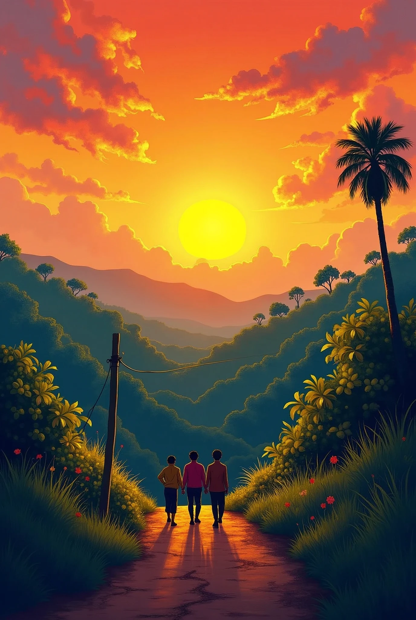 make an illustration of the colors of the sunrise in El Salvador symbolize hope and new opportunities for its hardworking people in 1080 px x 1080 px format with naive art