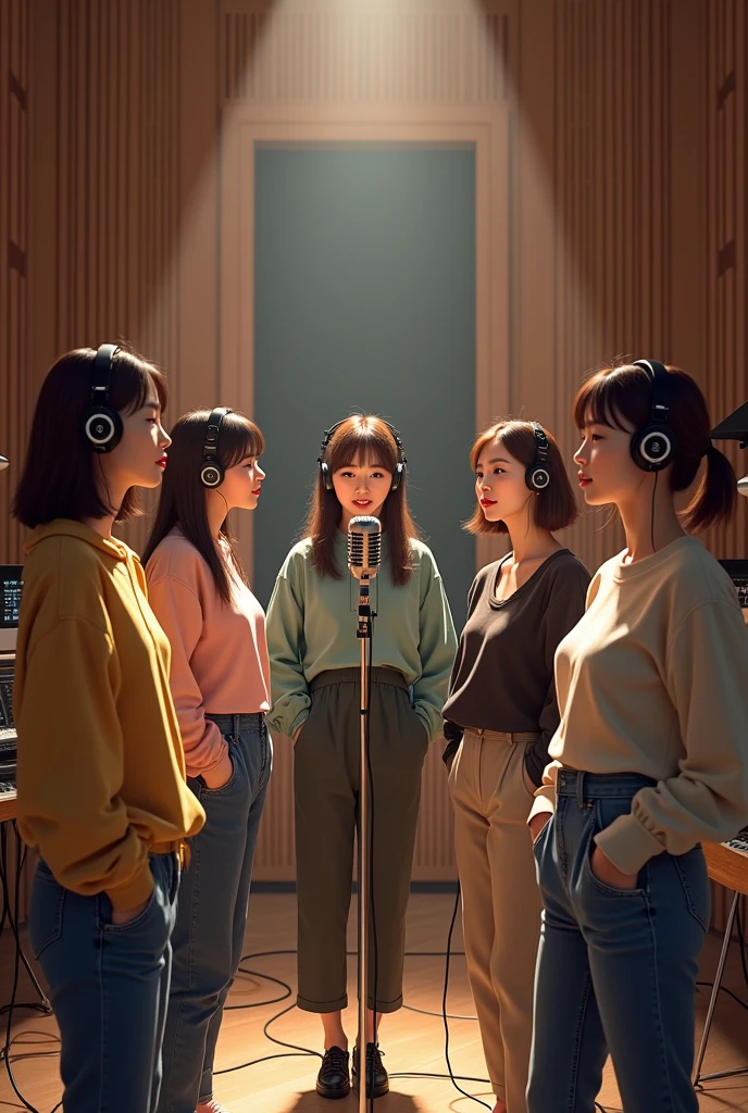 5 kpop females wearing casual clothes bagsinging, recording in studio, headphones, one woman guiding