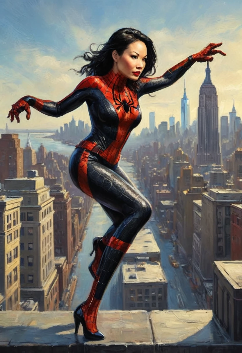 a beautiful woman with piercing eyes, detailed face and lips, wearing a sexy, tight-fitting spider-themed outfit, striking a heroic pose as she swings in on webbing to face off against doctor octopus, who is played by lucy liu, dramatic cityscape of manhattan in the background, (best quality, 4k, 8k, highres, masterpiece:1.2), ultra-detailed, (realistic, photorealistic, photo-realistic:1.37), vibrant colors, dynamic lighting, cinematic composition, comic book inspired art style