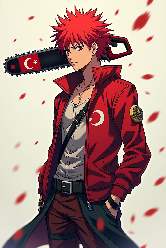 Image of male anime denji chainsaw man makes him like in the anime with clothes in the color of the Turkish flag. Make his head with the chainsaw Just like the anime Put the Turkish flag on it.