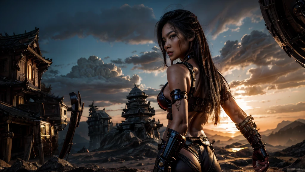 SENSUALIZED WARRIOR- ORIENTAL- SEXY WAR- 4K- HALF LIGHT- SPACE MONSTER- WEREWOLF IN THE BACKGROUND