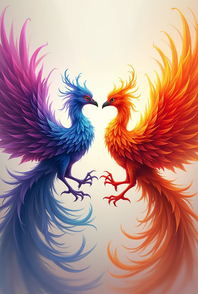 I need two phoenixes, one facing the other..another in vibrant colors violet red orange yellow blue the image has to be in a square