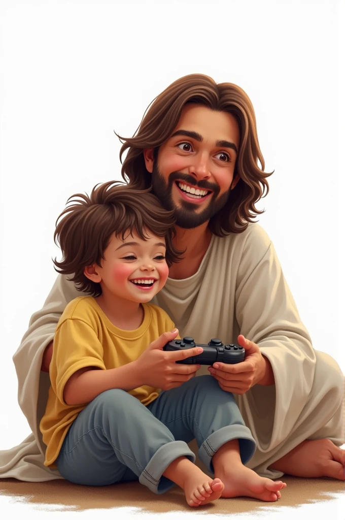 8yo, shorth hair, moreno claro, sitting playing PlayStation next to Jesus Christ, both laughing, white background