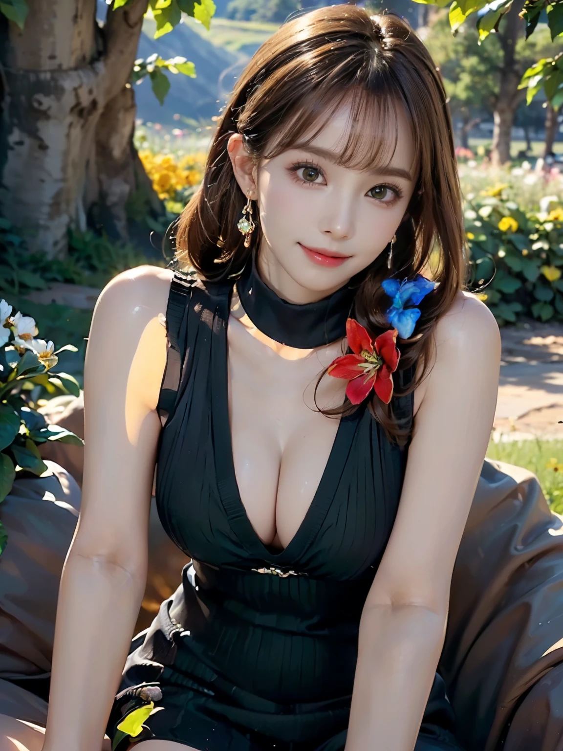 ((((Highest quality))))、(((Ultra-precision CG16K wallpaper)))、(((masterpiece)))、(((Super detailed)))、(((Extreme detail)))、((1Mature 29 year old woman:1.6))、((Very beautiful Japan face of a person))、((Urizane Face:1.8))、((Medium one-length straight hair:1.6))、(Shiny Hair)、Beautiful face depicted in detail、(Detailed eyes、Shining black eyes)、double eyelid、High nose、Small nostrils、Small Mouth、Seductive lips、Beautiful breasts、((B cup size breasts))、Beautiful feet、((Thin thighs))、eight-headed body、Perfect proportions、Perfect Anatomy、Perfect composition、Beautiful detailed shading、Beautiful, natural lighting、Beautiful detail glow、Depth of written boundary、(((High chroma)))、(((Real:1.9)))、((vivid:1.5))、((Beautiful Skin))、((Skin Texture))、((Realな皮膚感))、(((Cowboy Shot:1.6)))、(((front view、shoot from front、front low angle:1.6)))、(((smile:1.6)))、(((looking at camera:1.6)))、Bright daylight、Natural light、(((background_Flower Field、Mountain、null:1.5)))、(Gravure idol pose:1.6)、(((Dark green sleeveless high neck ribbed knit mini dress:1.6)))、((hair ornaments、Wearing earrings:1.5))、