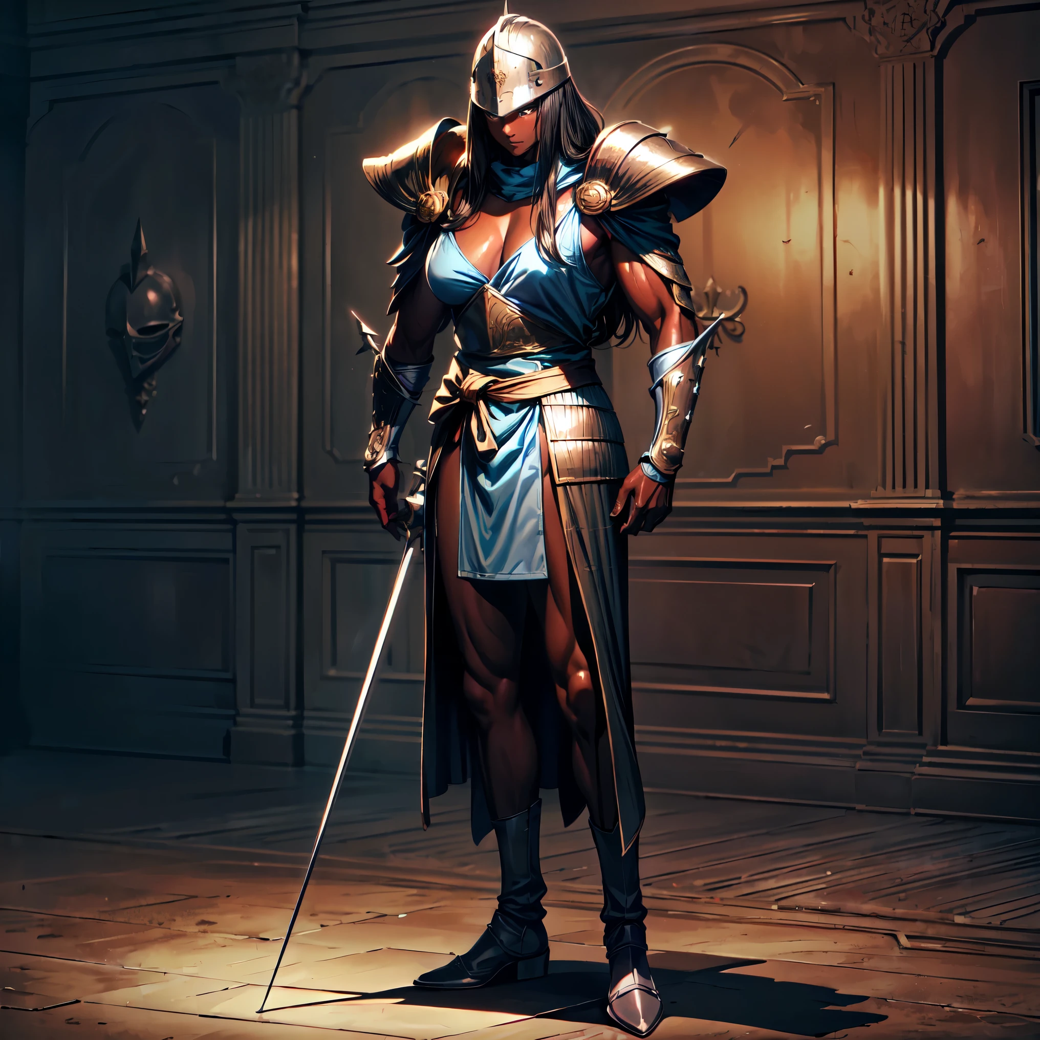 (((((full body))))), (((((dark skin))))), ((((tanned skin)))), (((muscular body))), (((muscular))), masterpiece, best quality, anime, anatomically accurate, detailed face, pretty face, extremely detailed face, ((((1girl)))), (((long hair))), (((long legs))), (((huge breasts))), ponytail haircut, black hair, big and expressive eyes, (muscular legs), mesmerizing hair, muscular hips, (Perfect hands and fingers very well detailed), full body photo, (((ballroom))), ((standing in the ballroom)), medieval armor, (((conquistador clothes))), (((conquistador helmet))), (((conquistador armor))), (((holding a rapier in hand))), 20 years old, reflection in the eye, dark eyes, anime, Anime Style, cinematic lighting, ray tracing, panorama, Sony FE, high definition, artwork, Anatomically Correct, Textuvermelho Skin, super detail, high quality, high resolution, high definition