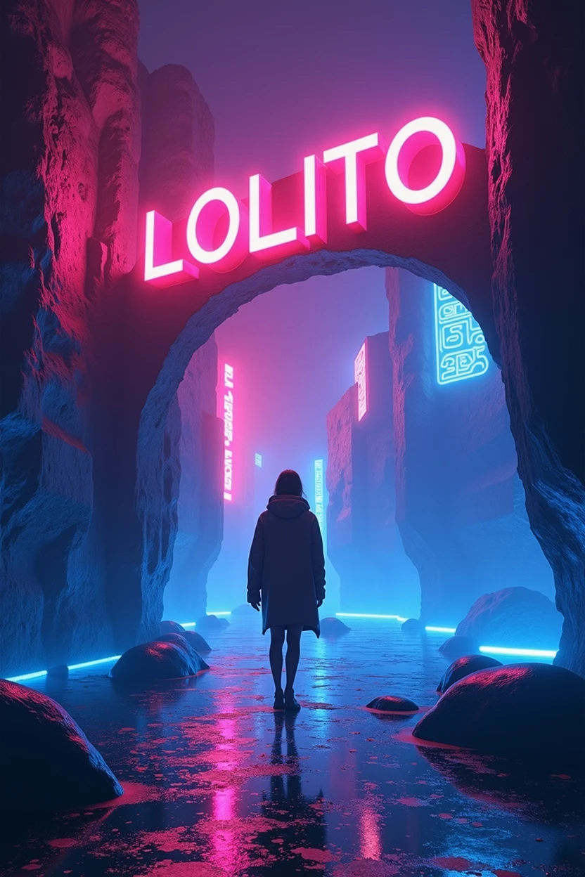 "Create an electrifying and immersive album cover for the song 'LOLITO,' capturing the essence of a vibrant, seductive nightlife through abstract and neon imagery. The scene should depict an energetic, futuristic nightscape with swirling lights, vibrant colors, and dynamic, pulsating patterns that reflect the song's electropop and dance electro vibes. Neon lights in shades of electric blue, pink, and purple dominate the scene, casting a glow that intertwines with dark shadows, creating a sense of mystery and allure. Abstract shapes and waves of light should weave through the composition, evoking the feeling of a nightclub or a hidden, virtual world where desire and temptation reign. The title 'LOLITO' should be styled in a sleek, modern font that captures the energy and intrigue of the track, glowing with a neon effect, and integrated seamlessly into the vivid, hypnotic atmosphere."