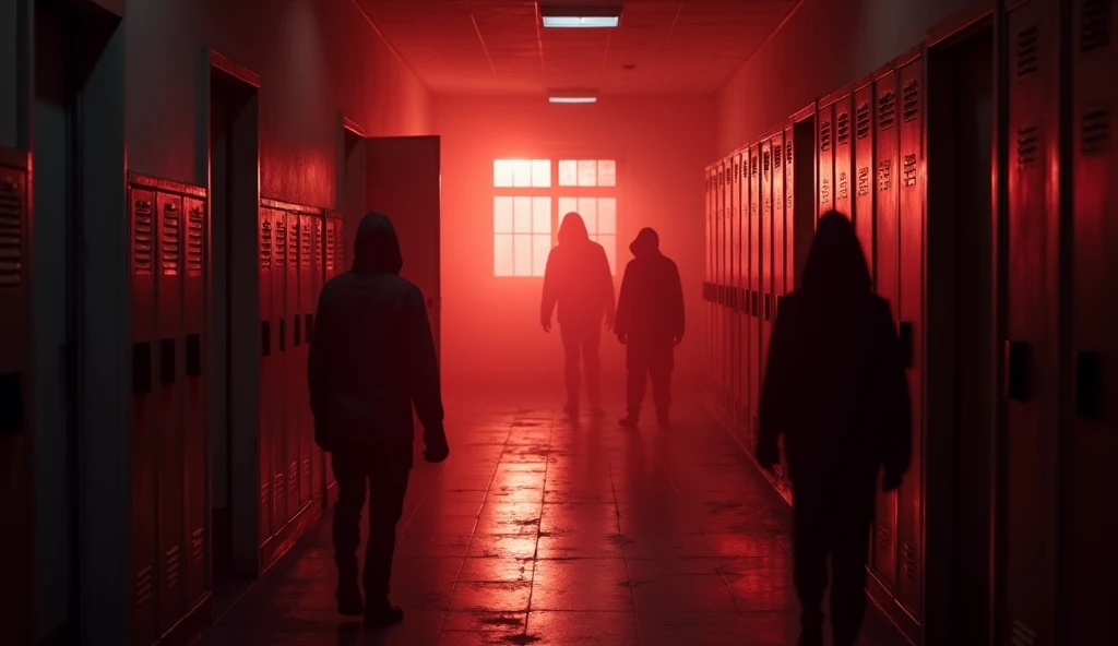 A dimly lit school hallway with a single flickering light casting long shadows. Three silhouettes represent fear: one crouching behind a door, another standing near a window with a sinister outline, and the last lurking near a staircase. The setting is ominous, with old lockers and faint, eerie lighting. Use a red and white color scheme to create a sense of dread, keeping the image slightly blurred to enhance the eerie atmosphere."