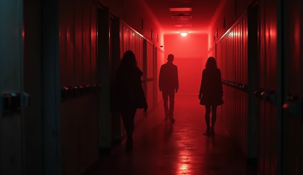 A dimly lit school hallway with a single flickering light casting long shadows. Three silhouettes represent fear: one crouching behind a door, another standing near a window with a sinister outline, and the last lurking near a staircase. The setting is ominous, with old lockers and faint, eerie lighting. Use a red and white color scheme to create a sense of dread, keeping the image slightly blurred to enhance the eerie atmosphere."