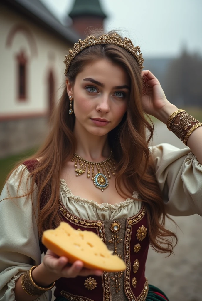 hyperdetalized and high-quality image, A young woman of beautiful Slavic appearance, brown haired with gray eyes, straight nose profile, thin eyebrows, regular oval face, in a Russian costume with precious stones, gold jewelry on her neck, hands on her head and ears, full-length, holding cheese in her hand, standing against the background of the Ipatiev monastery of the city Kostroma is the cradle of the Romanov House, This photograph, taken with the Nikon D, gives the impression of serenity and peace, leaving you calm and relaxed