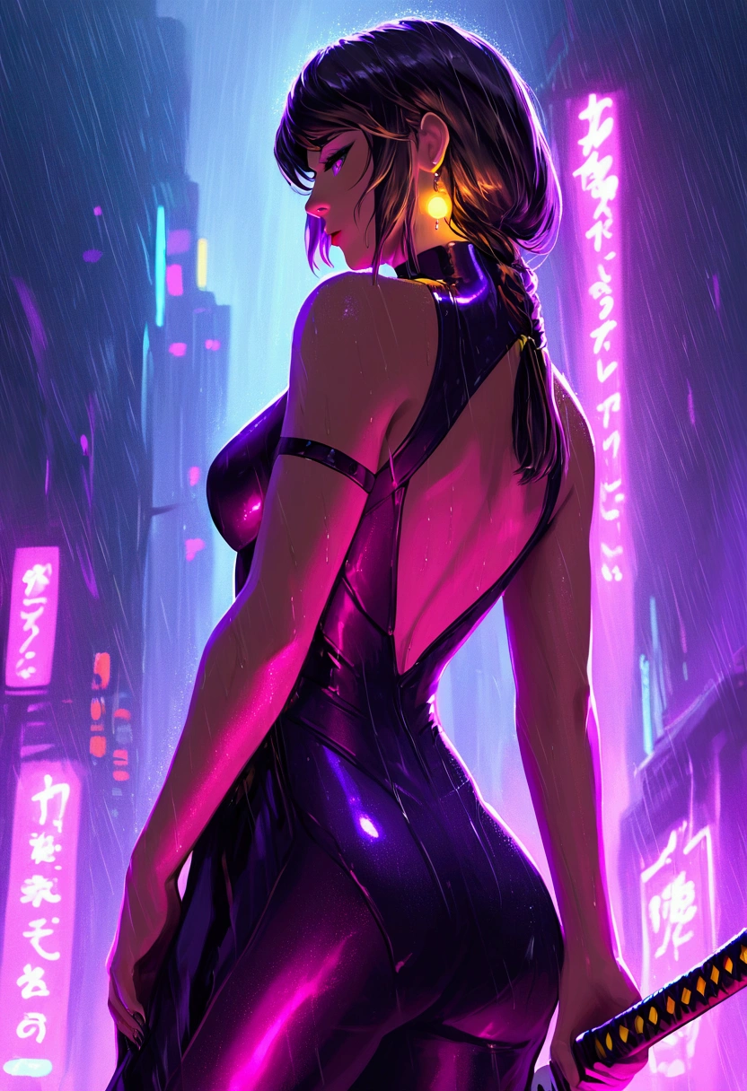 Digital artwork featuring a cyberpunk style. The layout is vertical, with a female character as the central subject. She has long, dark hair tied back, and her skin is pale. She is dressed in a tight, black, futuristic outfit that glistens in the rain. She holds a katana in her right hand, the blade reflecting the neon lights around her. The background is a rainy, neon-lit cityscape with vibrant signs in pink, green, and purple hues. Silhouetted figures walk in the distance, adding depth to the scene. The overall atmosphere is dark and moody, with a strong emphasis on the contrast between the character and the colorful, rainy environment.anatomically correct, super detailed, high quality, 4K