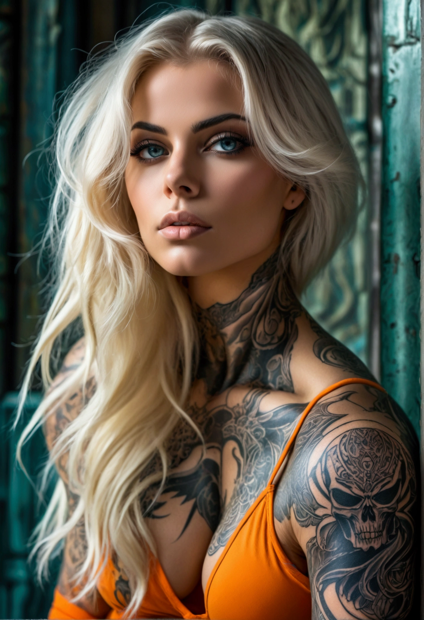 Create a hyper detailed photograph of a hrgiger tattooed muscular young sexy women, Stunningly perfect gorgeous face, perfect makeup, detailed vibrant eyes, platinum blonde dutch hair, big beautiful muscular legs, big beautiful muscular arms, big bac muscles, muscular abs, yoga outfit, detailed smooth skin, big breast, big muscular perfect round ass, 