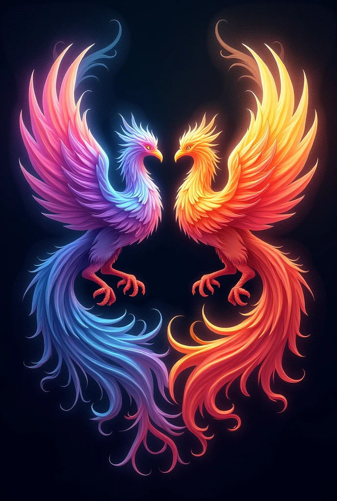 I need two phoenixes, one facing the other..another in vibrant colors violet red orange yellow blue the image has to be in a square with a black gradient background And the image of the phoenix birds has to be whole
