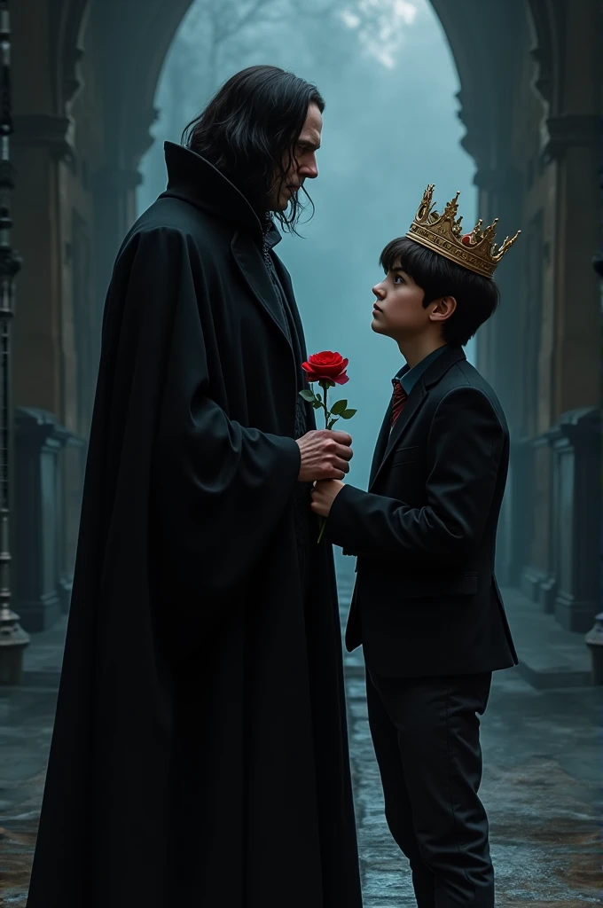 The picture should include Severus Snape with a red rose in his hand and Harry Potter standing with his back to him with a crown on his head.