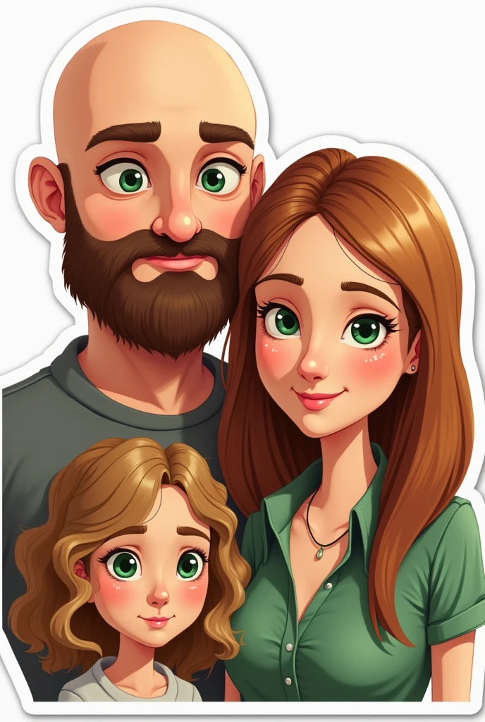 A family, A white man, Cao Cao, almost bald, brown beard, greeneyes, next to a white woman de greeneyes com o cabelo castanho-acobreado, straight and without bangs parted in the middle, next to a white woman, greeneyes, curly and blonde hair, illustration style, sticker