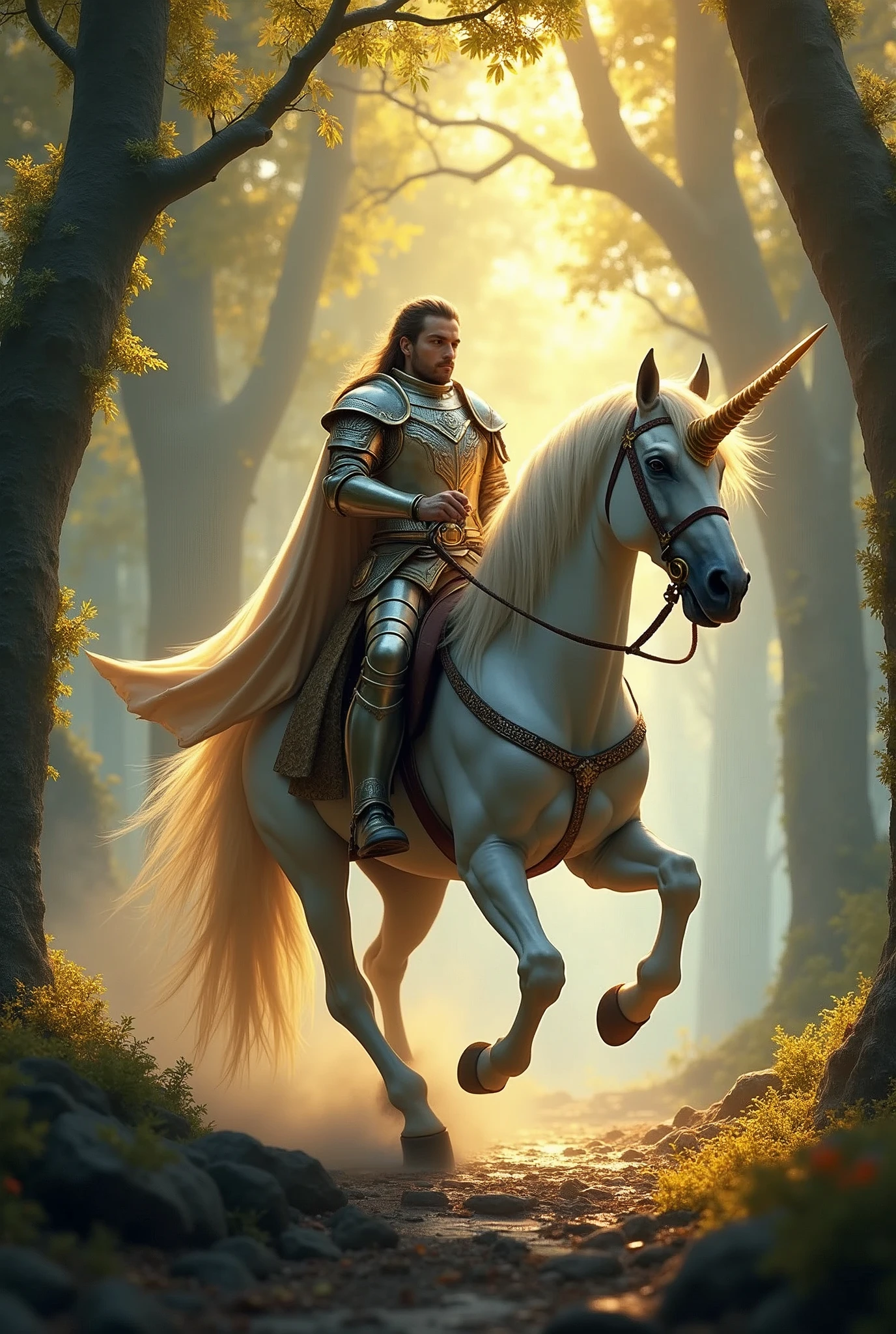 A valiant warrior clad in shining medieval armor, with a flowing cape, is mounted on a majestic unicorn. The unicorn has a pearlescent white coat, a long, spiraling golden horn, and a flowing, ethereal mane. The scene is set in a mystical forest bathed in soft, golden light with towering ancient trees, glowing with magical energy. The warrior holds a gleaming sword in one hand, and the expression on their face is one of determination and bravery. The overall atmosphere is both fantastical and heroic, with a sense of epic adventure.