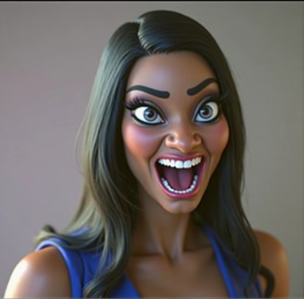 a detailed bodybuilder black woman with a big nose, Nicki Minaj, big forehead, long black hair, raised eyebrows, perfect teeth, wearing a blue dress, evil laugh, cinematic lighting, hyper realistic, 8k hd resolution, highly detailed, photorealistic, masterpiece, big eyes, black skin tone,