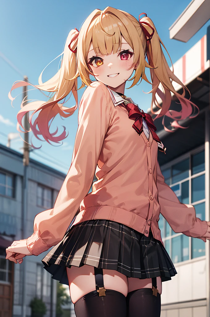 masterpiece, best quality, highres, hs1, red eyes, yellow eyes, twintails, hair ribbon, long sleeves, red bow, pink cardigan, black thighhighs, plaid skirt, red ribbon, black choker, garter straps, school uniform, outdoors, cowboy shot, standing, smile