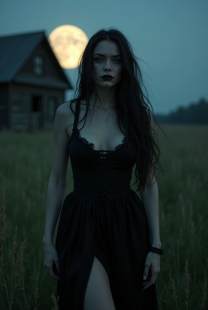 Low key lighting, Sexy, dark shot, (Upper thighs exposed:1.4), (((Dark photo))), high quality photograph 25 yo Pamela Anderson, , sinister expression, detailed face, extremely long messy hair, wearing (very short:1.6) black dress Victorian era apparel, thick body, 25 year old woman, detailed revealing skin clothing, night time at full moon night, in the middle of a field of grass, creepy old wooden cabin in the background. detailed surroundings. seductive figure that captures attention, [depth of field] ((intricate detail, Detailed textures)),cinematic dark lighting, 