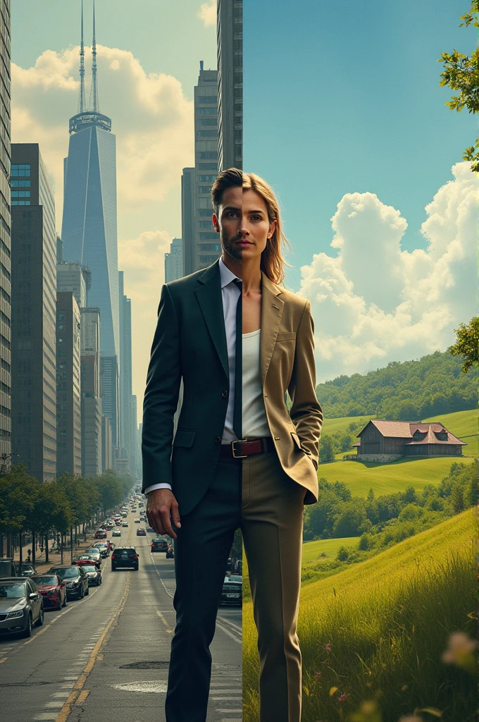An image of a man and a woman, the panel is split, the man is in a city and the woman is in the countryside.