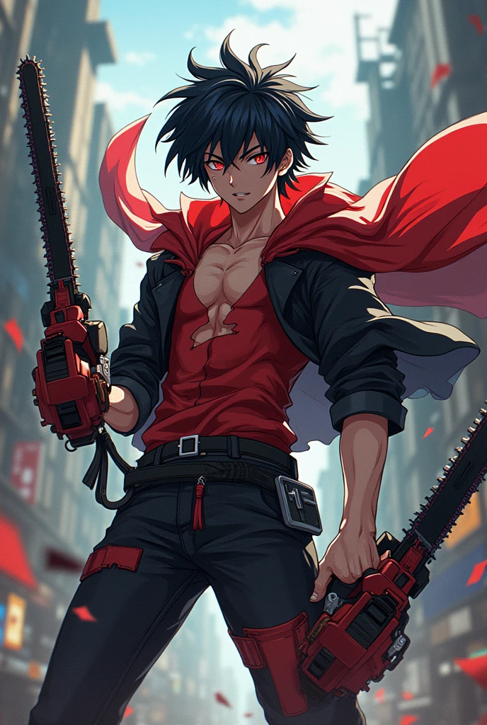 Image of male anime denji chainsaw man makes him like in the anime with clothes in the color of the Turkish flag. Just like the anime. Put the Turkish flag.